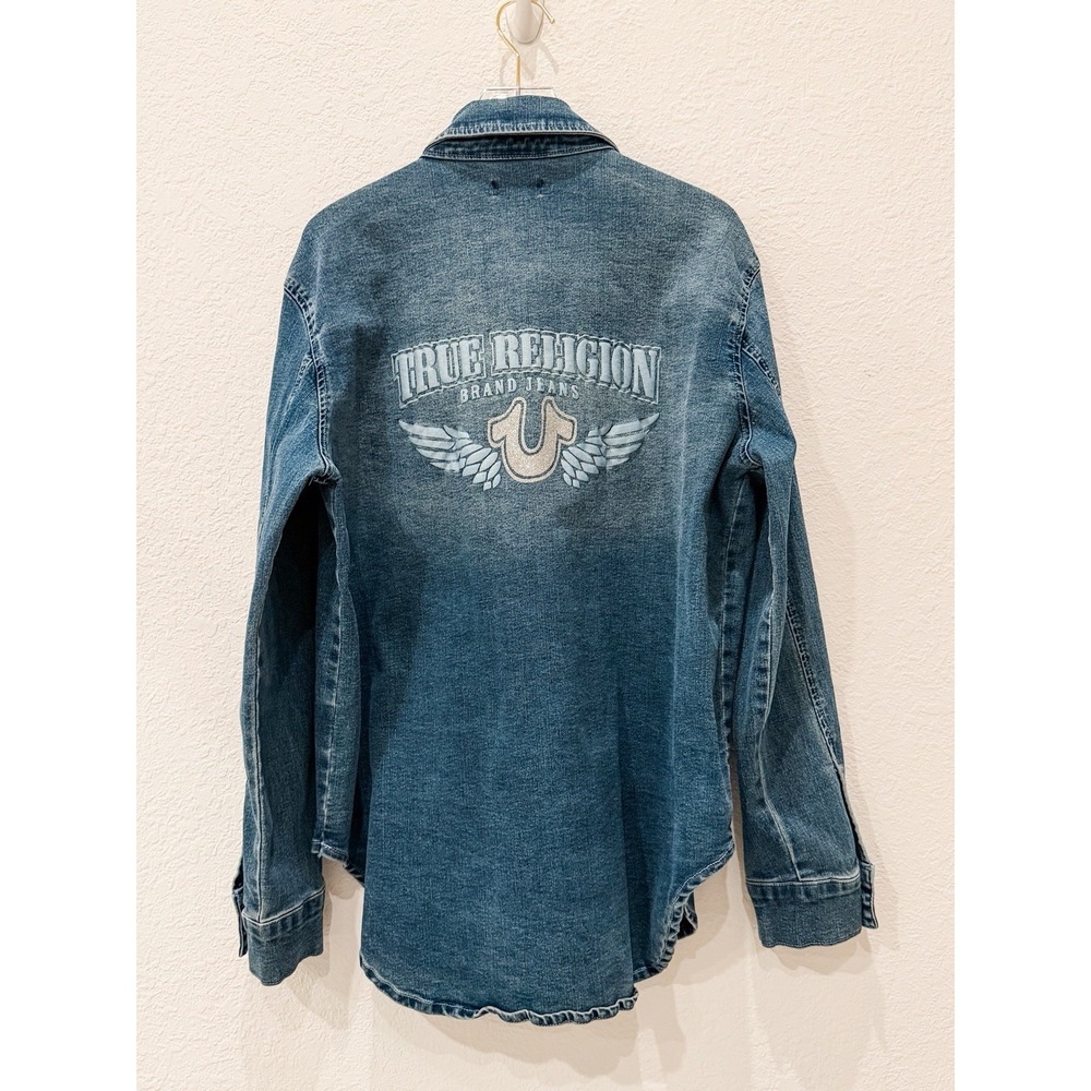 True Religion Denim Shirt Shacket‎ XL Y2K Western Americana Logo Back Oversized